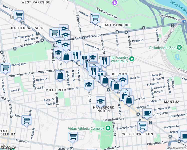 map of restaurants, bars, coffee shops, grocery stores, and more near 4255 Ogden Street in Philadelphia