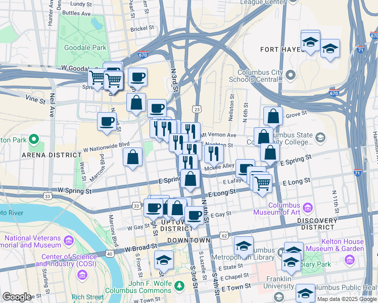 map of restaurants, bars, coffee shops, grocery stores, and more near 76 East Nationwide Boulevard in Columbus