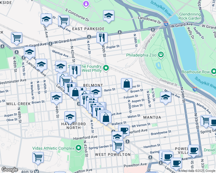 map of restaurants, bars, coffee shops, grocery stores, and more near 828 North 40th Street in Philadelphia
