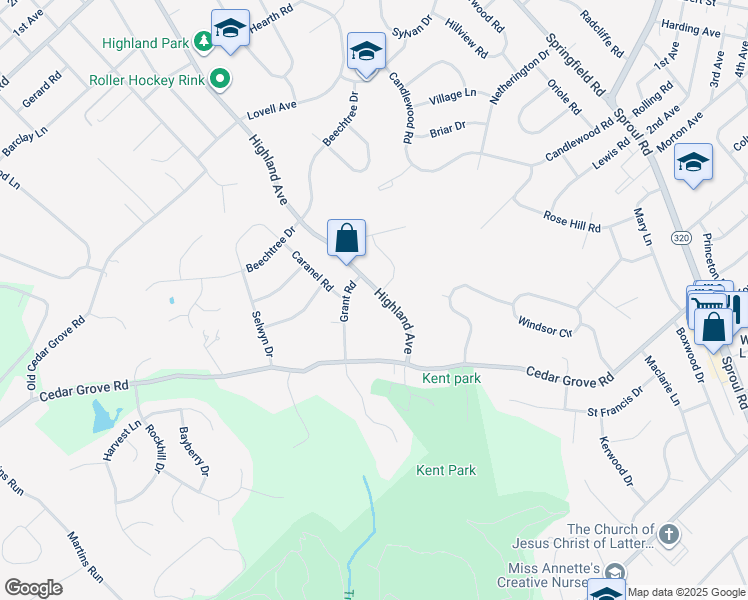 map of restaurants, bars, coffee shops, grocery stores, and more near 2600 Highland Avenue in Broomall