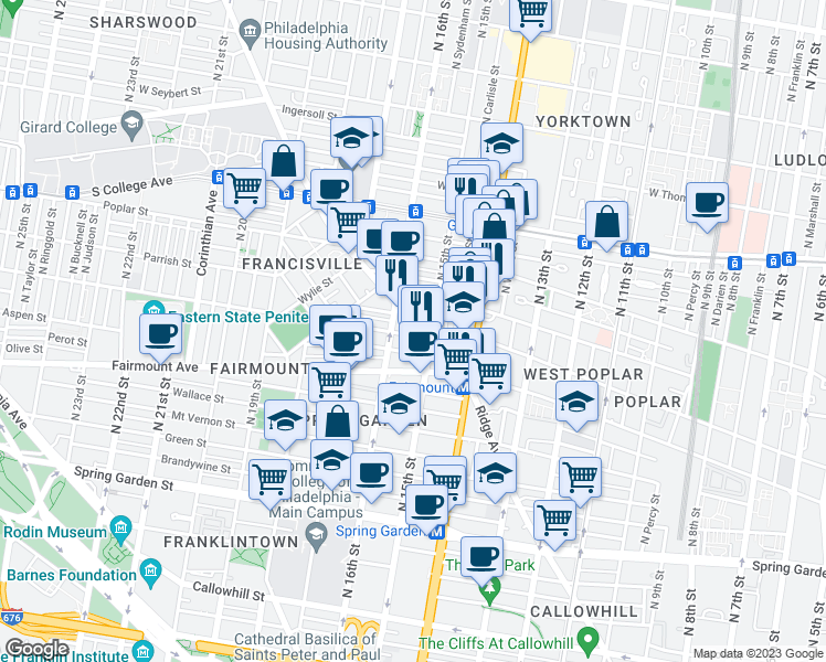 map of restaurants, bars, coffee shops, grocery stores, and more near 1512 Ridge Avenue in Philadelphia