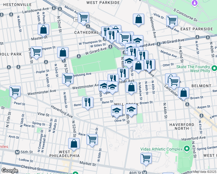 map of restaurants, bars, coffee shops, grocery stores, and more near 4915 Hoopes Street in Philadelphia