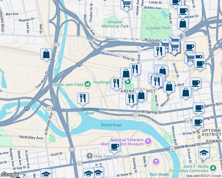 map of restaurants, bars, coffee shops, grocery stores, and more near 400 West Nationwide Boulevard in Columbus