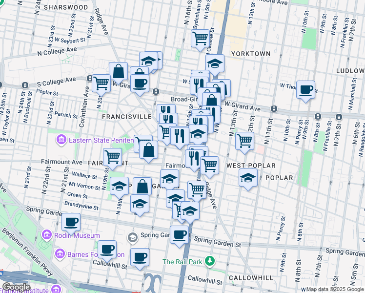 map of restaurants, bars, coffee shops, grocery stores, and more near 802 North 15th Street in Philadelphia