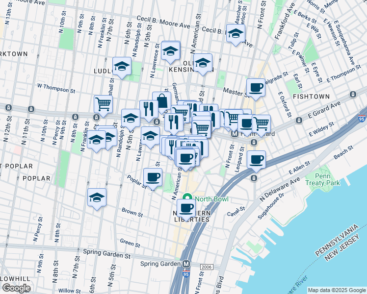map of restaurants, bars, coffee shops, grocery stores, and more near 1151 North 3rd Street in Philadelphia