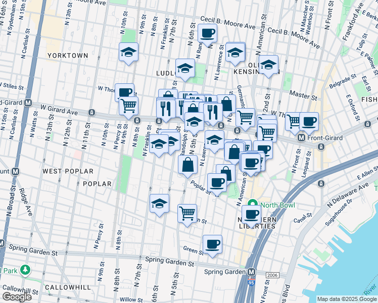 map of restaurants, bars, coffee shops, grocery stores, and more near 960 North 5th Street in Philadelphia