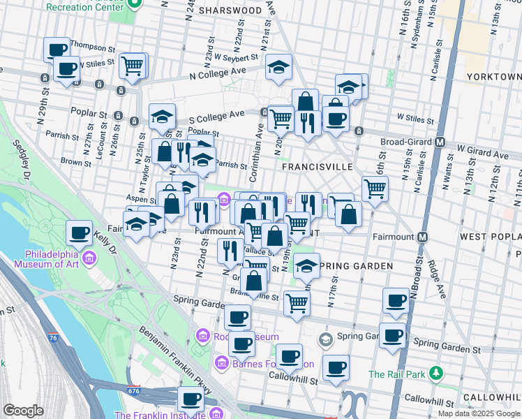 map of restaurants, bars, coffee shops, grocery stores, and more near 737 North Capitol Street in Philadelphia