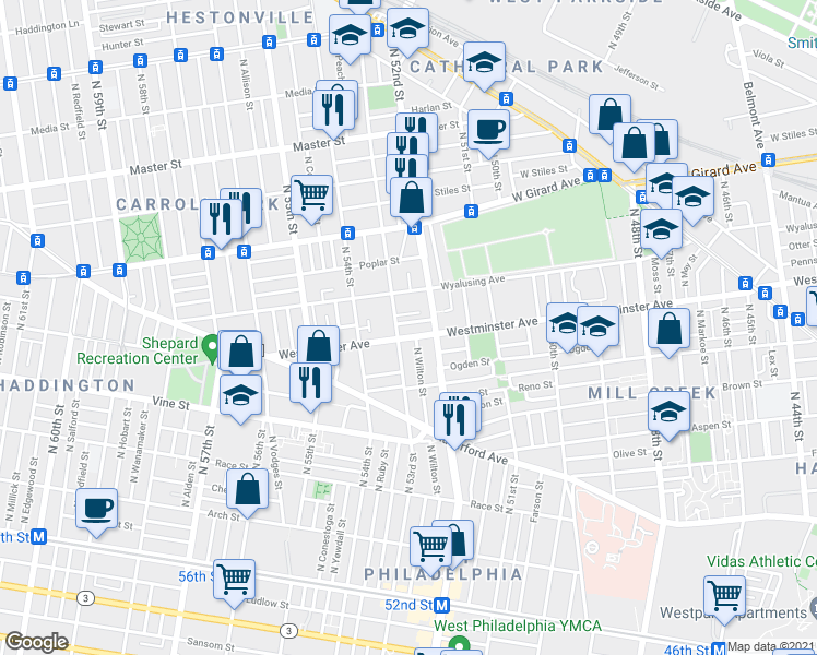 map of restaurants, bars, coffee shops, grocery stores, and more near 5232 Pennsgrove Street in Philadelphia