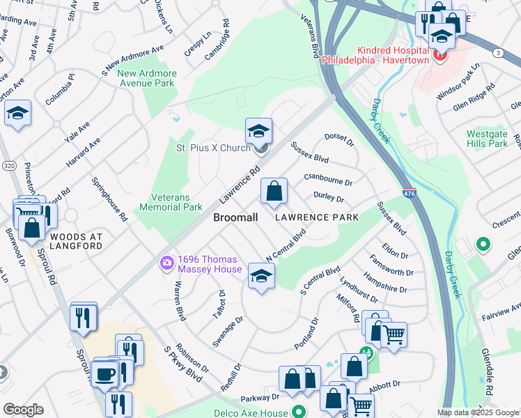 map of restaurants, bars, coffee shops, grocery stores, and more near 202 Canford Drive in Broomall