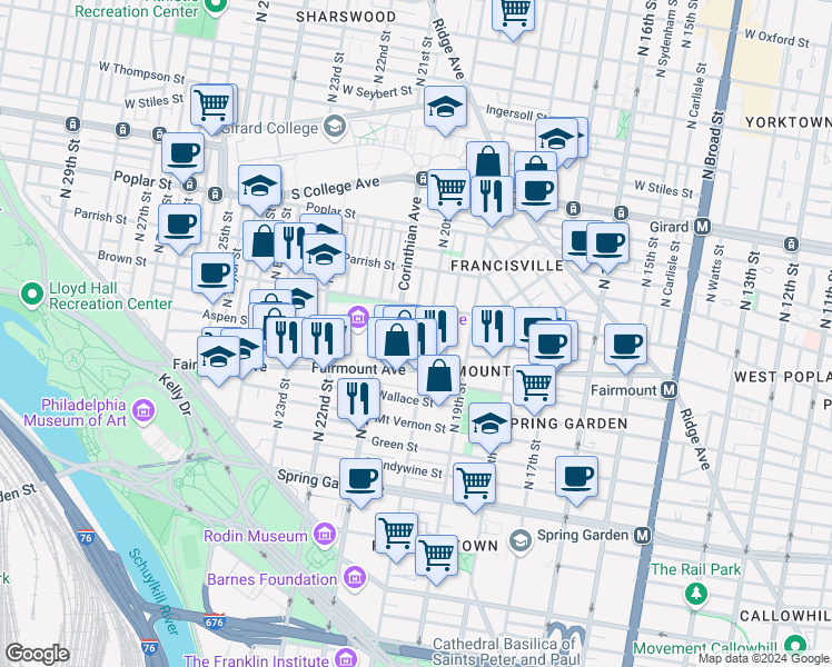 map of restaurants, bars, coffee shops, grocery stores, and more near 737 North Capitol Street in Philadelphia