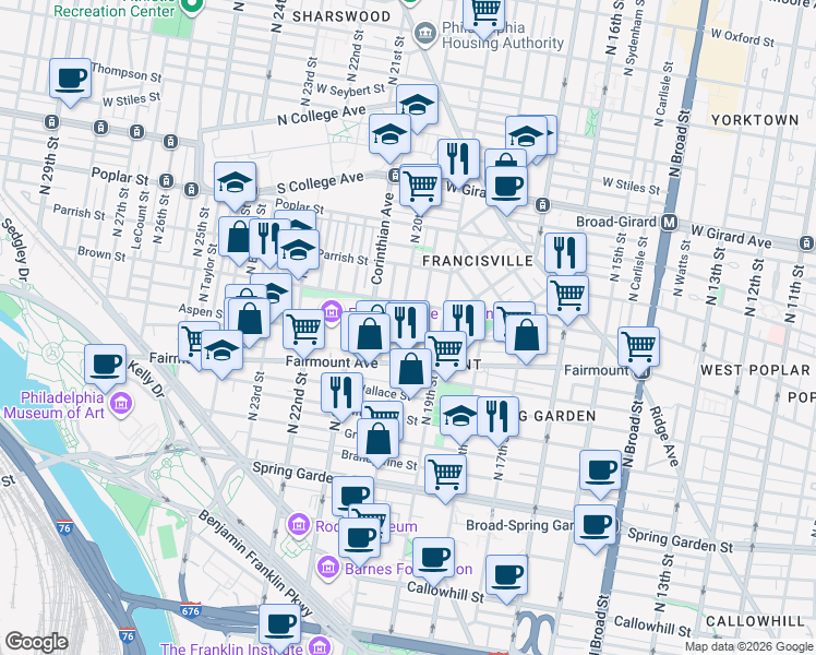 map of restaurants, bars, coffee shops, grocery stores, and more near 1123 Marlborough Street in Philadelphia
