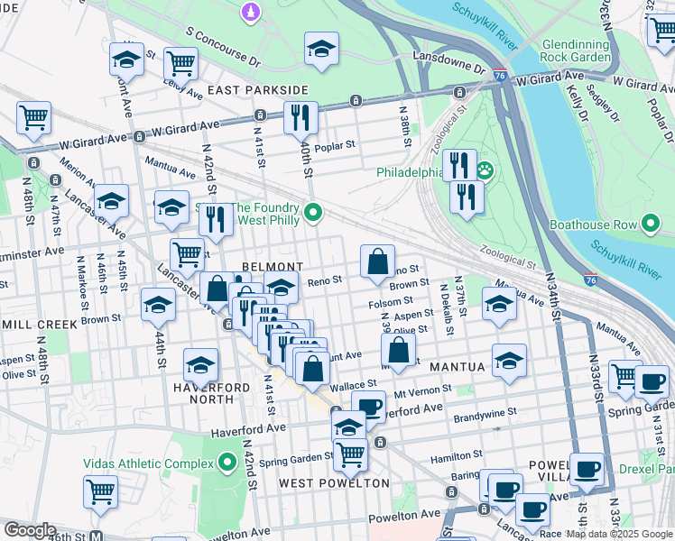 map of restaurants, bars, coffee shops, grocery stores, and more near 3956 Parrish Street in Philadelphia
