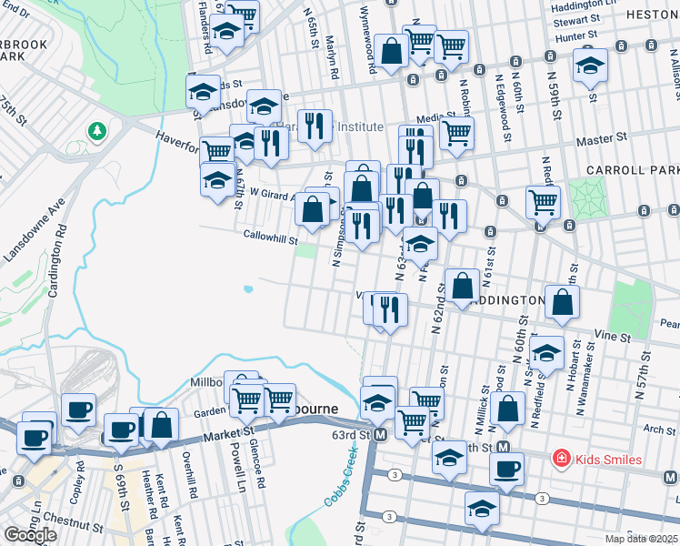 map of restaurants, bars, coffee shops, grocery stores, and more near 311 North Simpson Street in Philadelphia