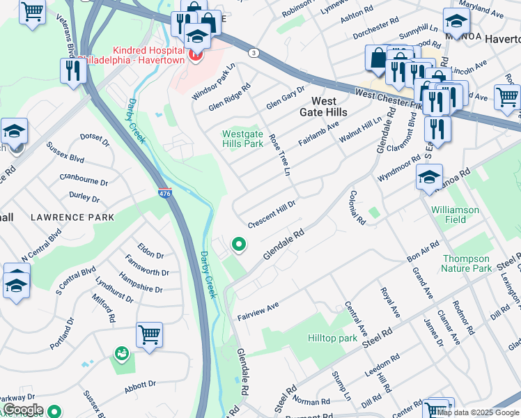 map of restaurants, bars, coffee shops, grocery stores, and more near 323 Greenbriar Lane in Havertown