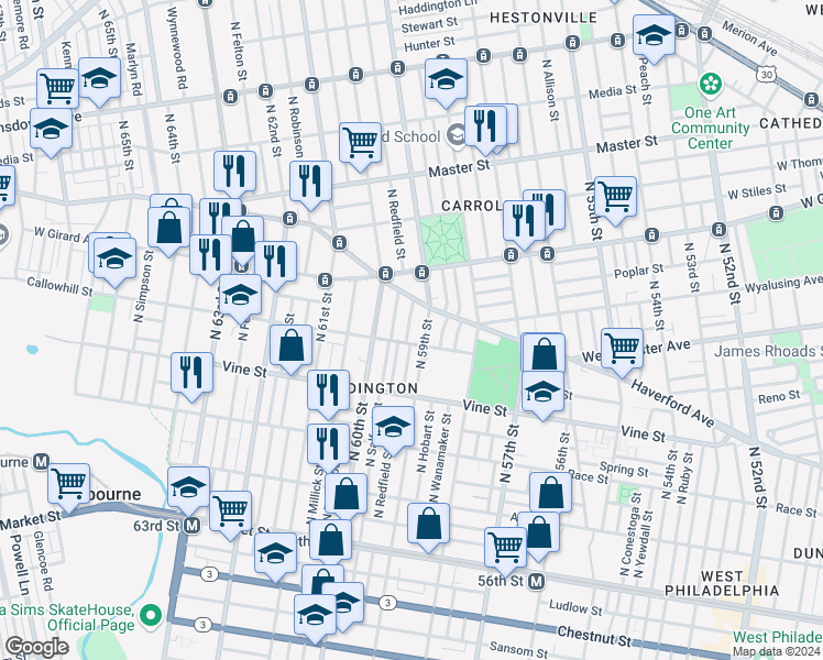 map of restaurants, bars, coffee shops, grocery stores, and more near 413 North Redfield Street in Philadelphia