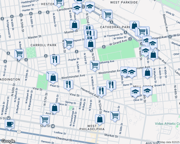 map of restaurants, bars, coffee shops, grocery stores, and more near 5232 Pennsgrove Street in Philadelphia