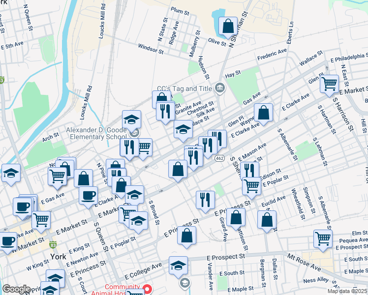 map of restaurants, bars, coffee shops, grocery stores, and more near 624 East Philadelphia Street in York
