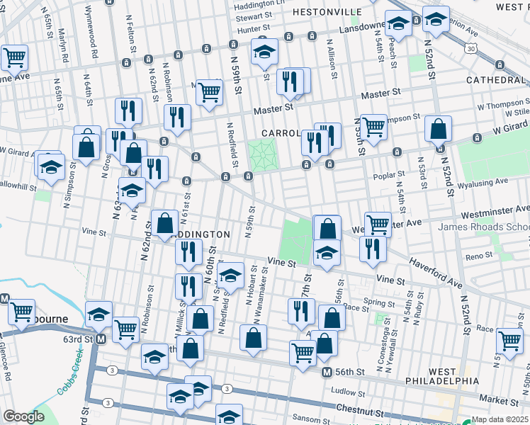 map of restaurants, bars, coffee shops, grocery stores, and more near 425 North Hobart Street in Philadelphia