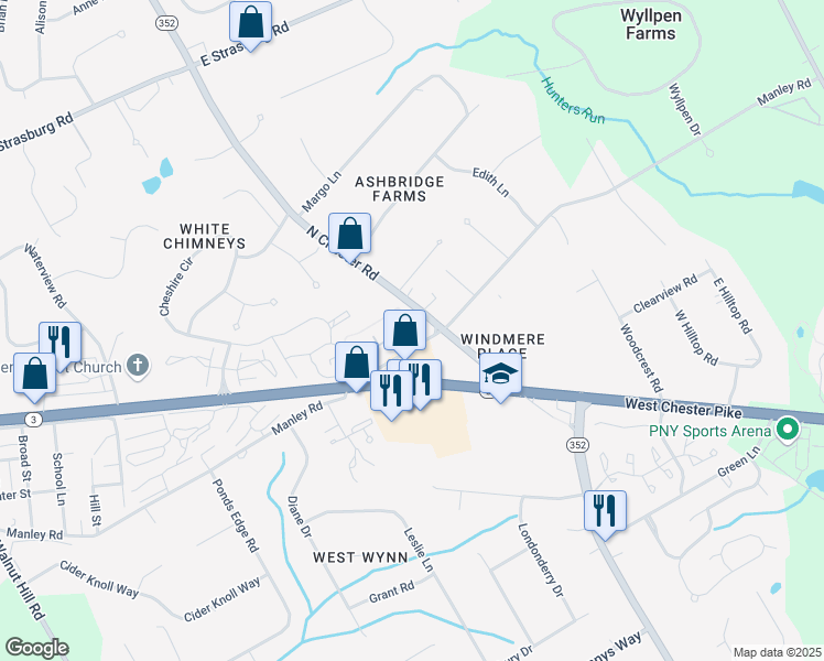 map of restaurants, bars, coffee shops, grocery stores, and more near Hoskin Place in West Chester