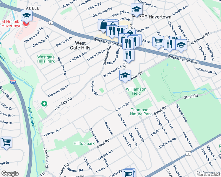 map of restaurants, bars, coffee shops, grocery stores, and more near 344 South Manoa Road in Havertown