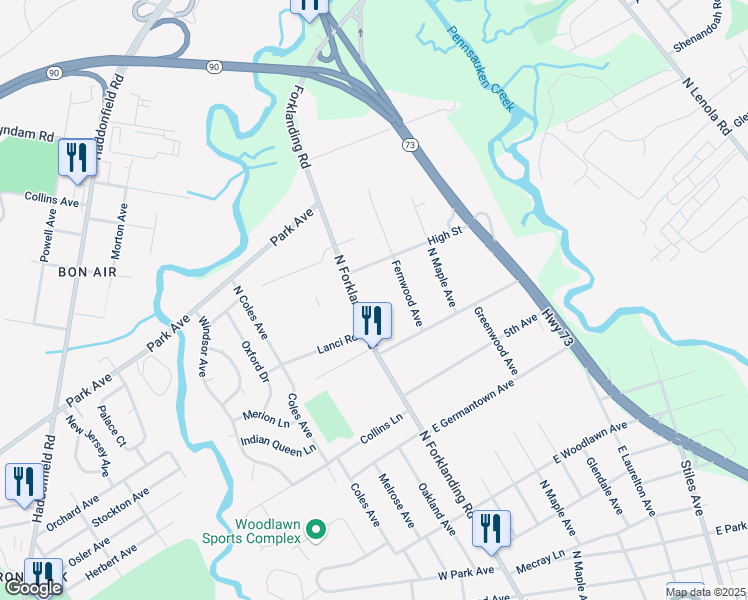 map of restaurants, bars, coffee shops, grocery stores, and more near 30 High Street in Maple Shade