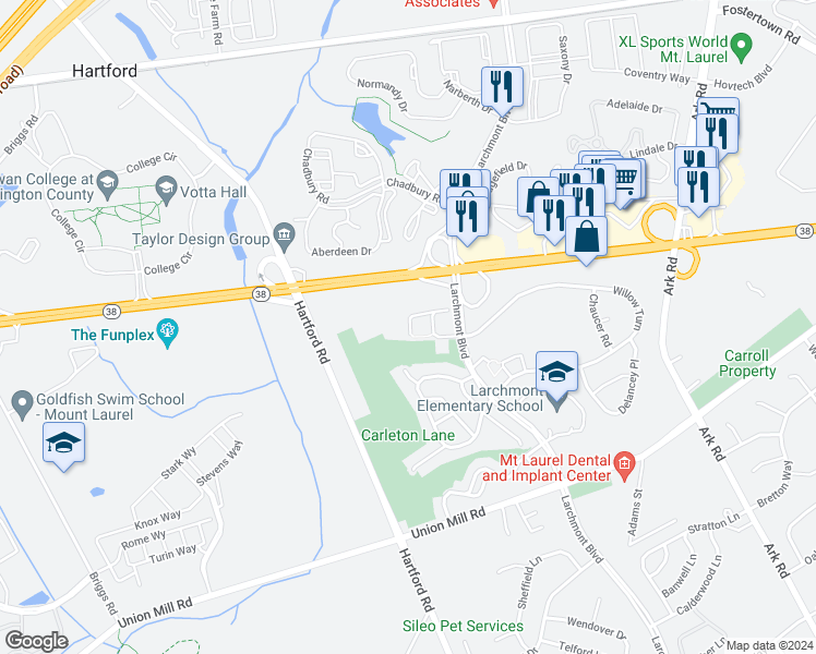 map of restaurants, bars, coffee shops, grocery stores, and more near 113A Hastings Way in Mount Laurel Township