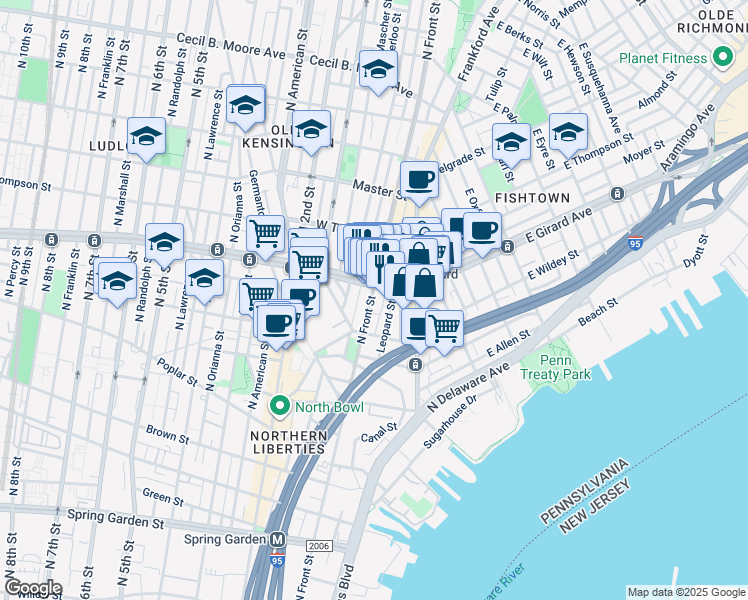 map of restaurants, bars, coffee shops, grocery stores, and more near 1141 North Front Street in Philadelphia