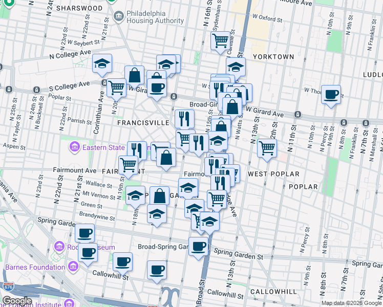 map of restaurants, bars, coffee shops, grocery stores, and more near 1530-32 Parrish Street in Philadelphia