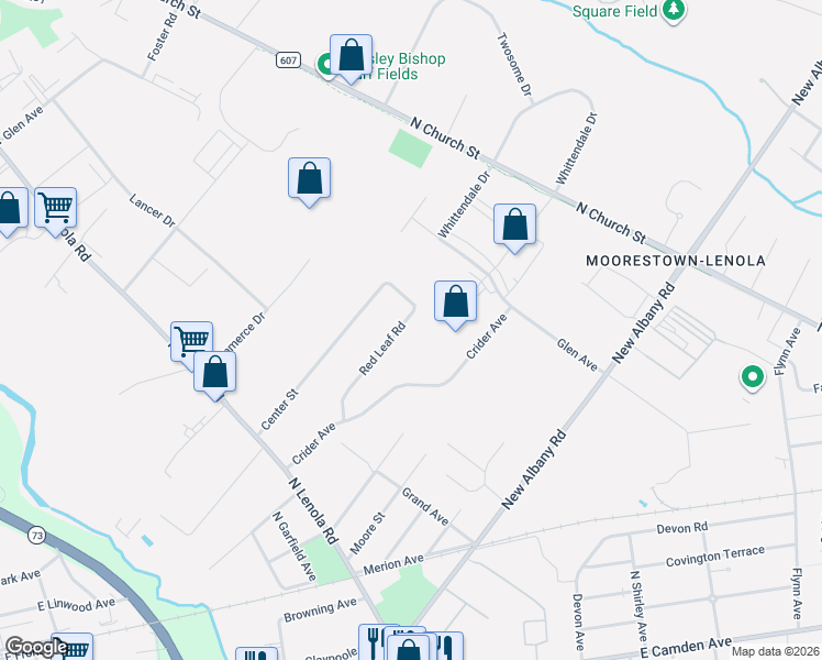 map of restaurants, bars, coffee shops, grocery stores, and more near 58 Red Leaf Road in Moorestown