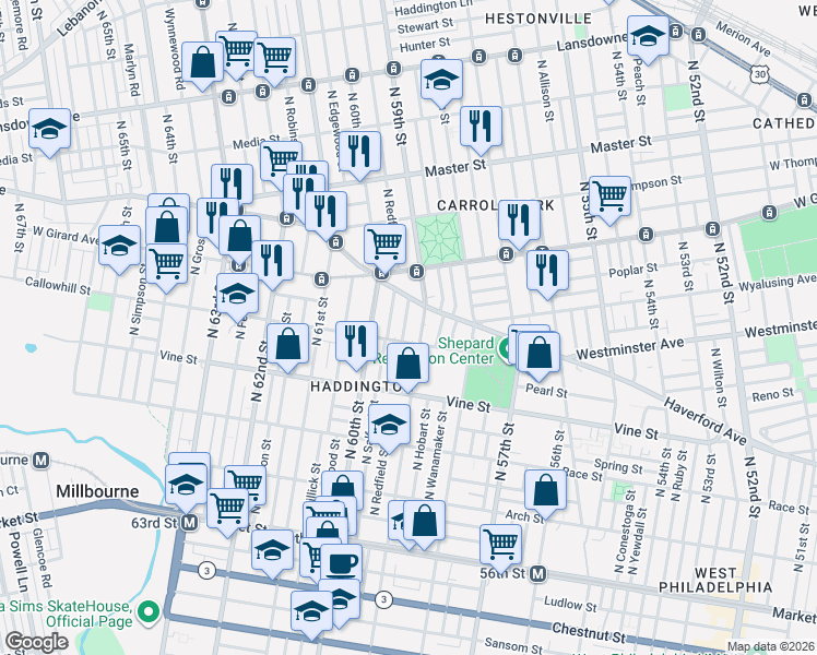 map of restaurants, bars, coffee shops, grocery stores, and more near 437 North Salford Street in Philadelphia