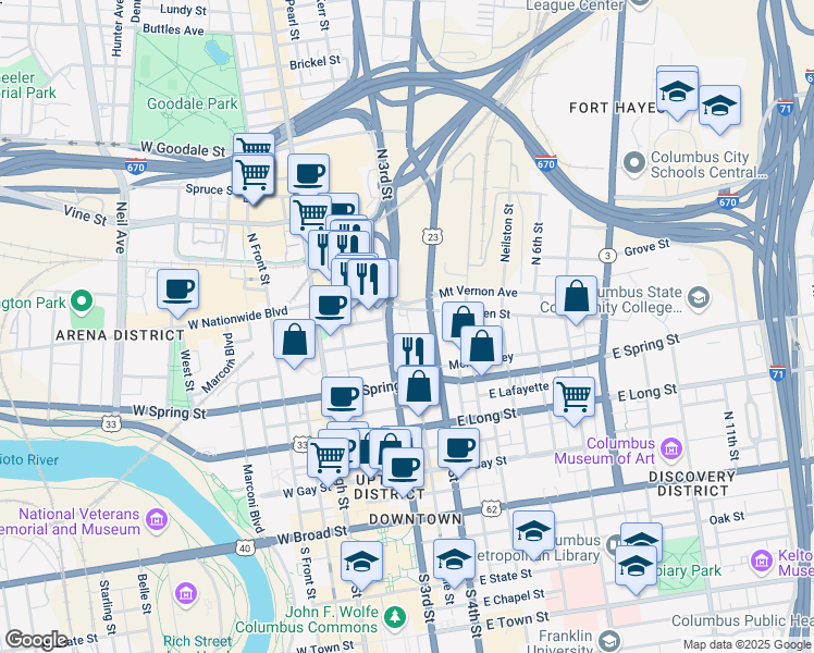 map of restaurants, bars, coffee shops, grocery stores, and more near 116 East Chestnut Street in Columbus