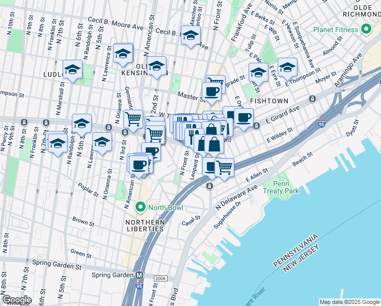 map of restaurants, bars, coffee shops, grocery stores, and more near 1141 North Front Street in Philadelphia