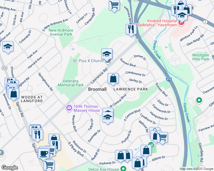 map of restaurants, bars, coffee shops, grocery stores, and more near 202 Canford Drive in Broomall