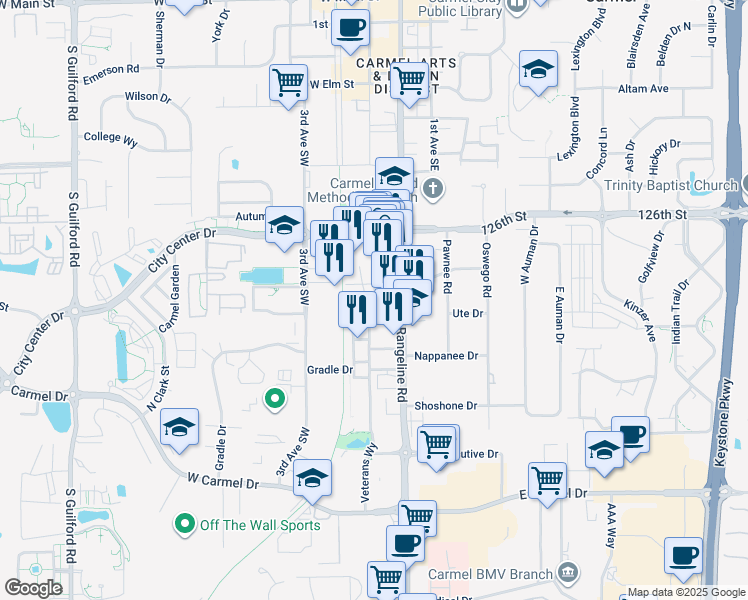 map of restaurants, bars, coffee shops, grocery stores, and more near 100 City Center Drive in Carmel