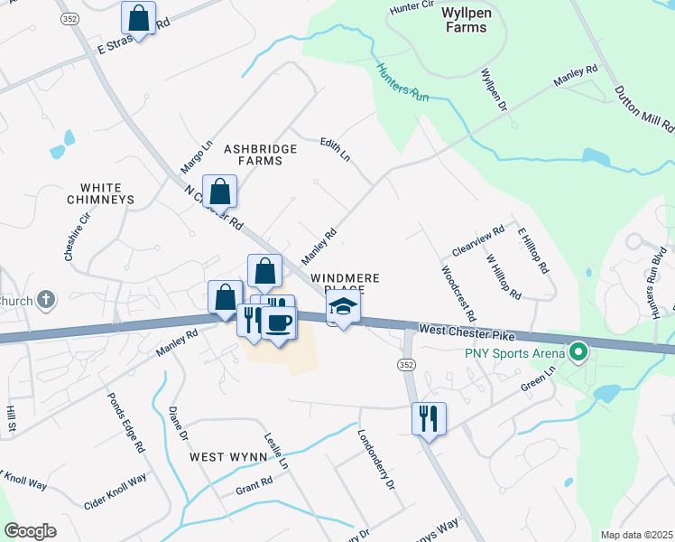 map of restaurants, bars, coffee shops, grocery stores, and more near 1504 Windermere Road in West Chester