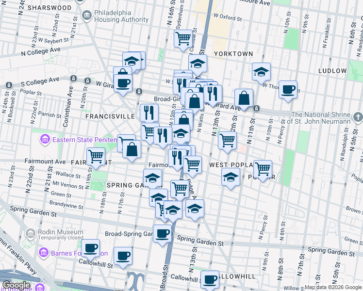 map of restaurants, bars, coffee shops, grocery stores, and more near in Philadelphia