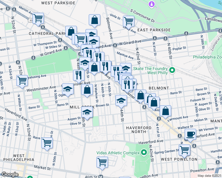 map of restaurants, bars, coffee shops, grocery stores, and more near 886 North 45th Street in Philadelphia