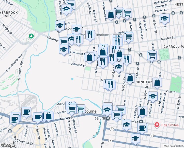 map of restaurants, bars, coffee shops, grocery stores, and more near 303 North 65th Street in Philadelphia