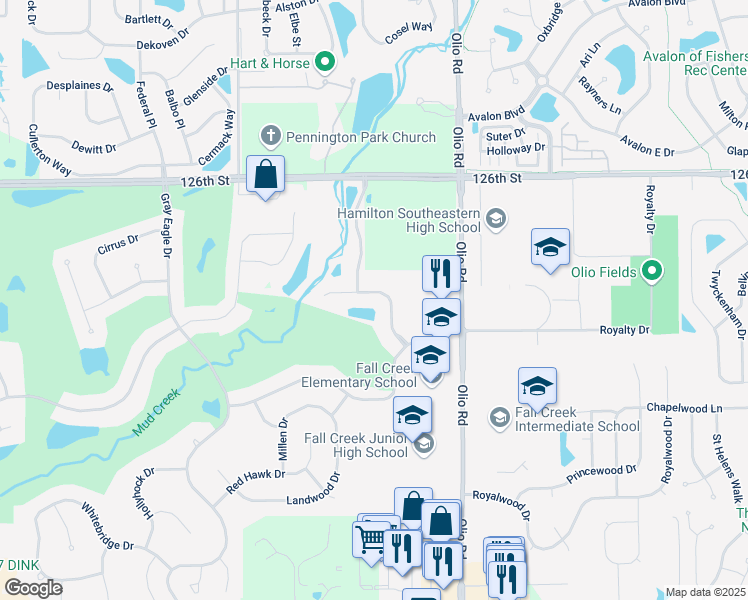map of restaurants, bars, coffee shops, grocery stores, and more near 13580 Hawks Nest Drive in Fishers