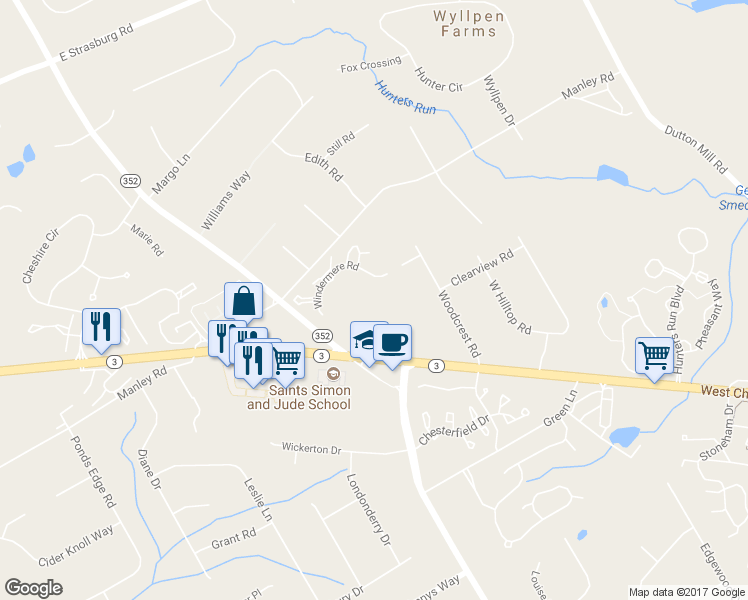 map of restaurants, bars, coffee shops, grocery stores, and more near 1500 Windermere Road in West Chester