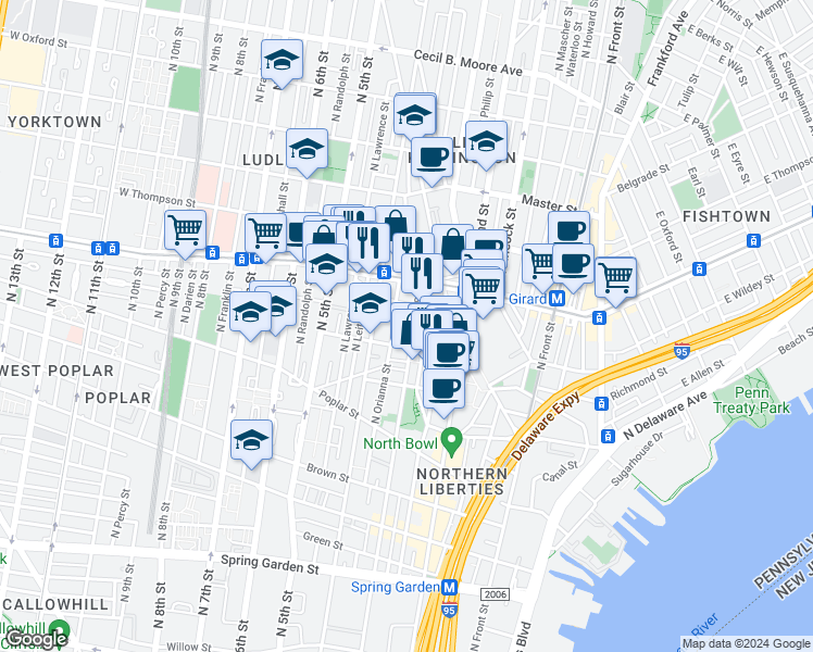 map of restaurants, bars, coffee shops, grocery stores, and more near 1140 North Orianna Street in Philadelphia