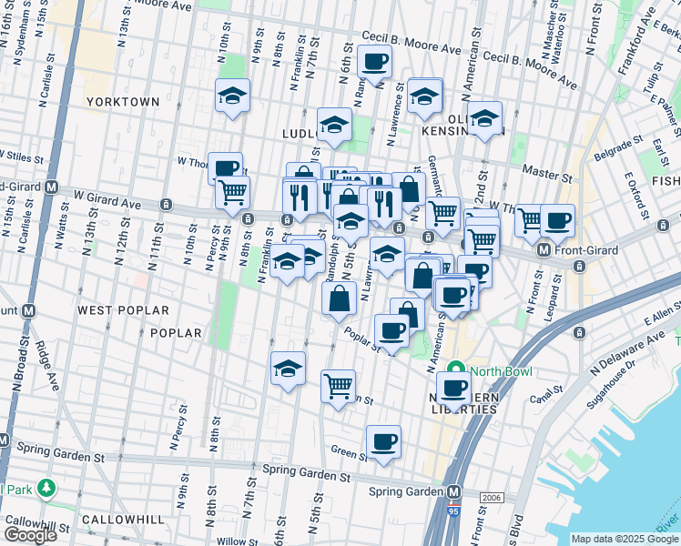 map of restaurants, bars, coffee shops, grocery stores, and more near 964 North 5th Street in Philadelphia