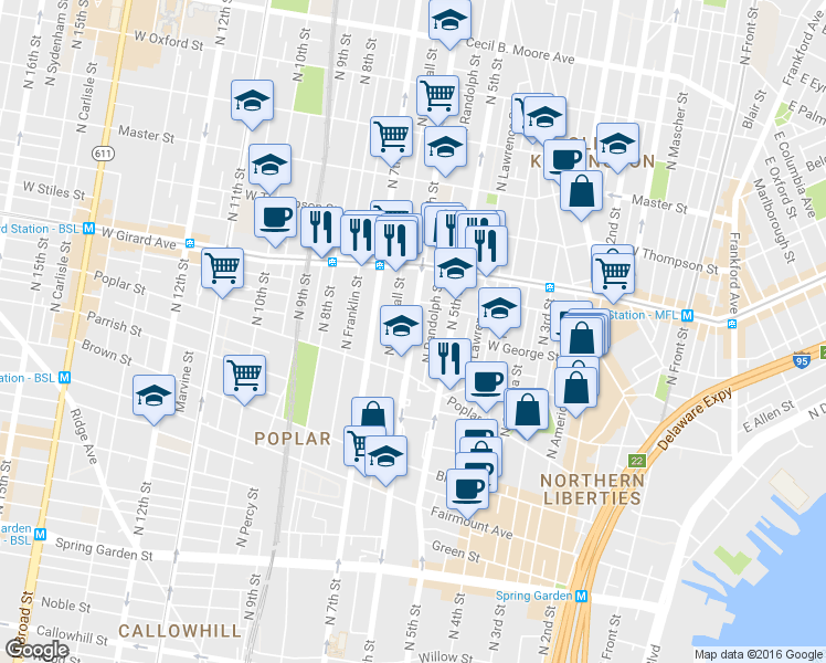 map of restaurants, bars, coffee shops, grocery stores, and more near 952 North 6th Street in Philadelphia