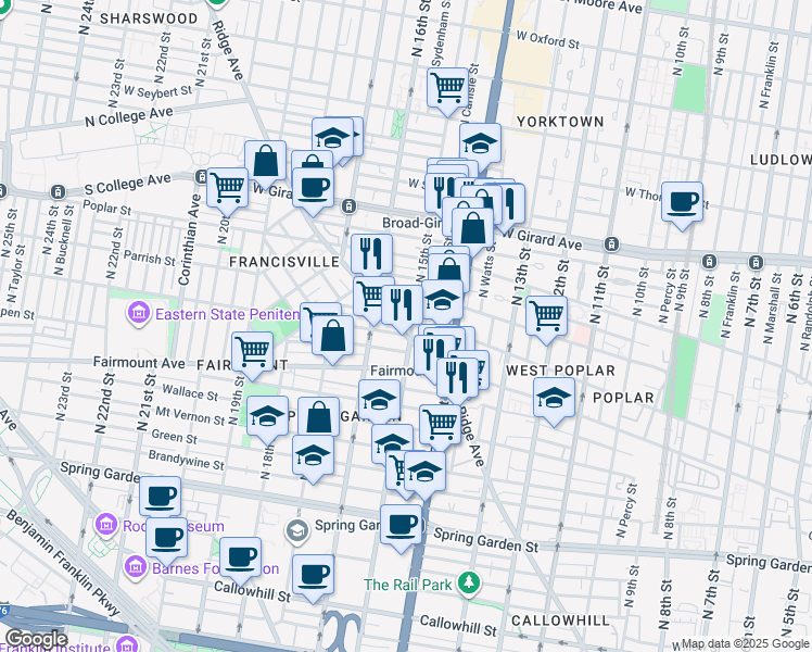 map of restaurants, bars, coffee shops, grocery stores, and more near 1504 Parrish Street in Philadelphia