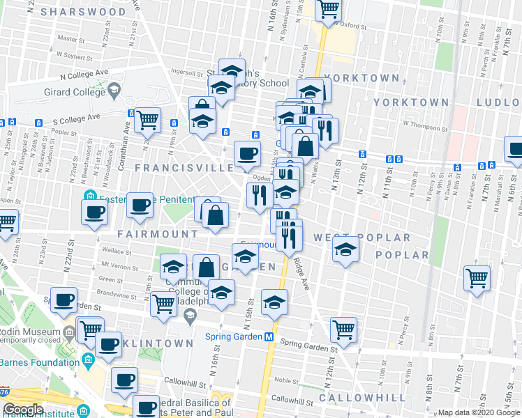 map of restaurants, bars, coffee shops, grocery stores, and more near 1504 Parrish Street in Philadelphia
