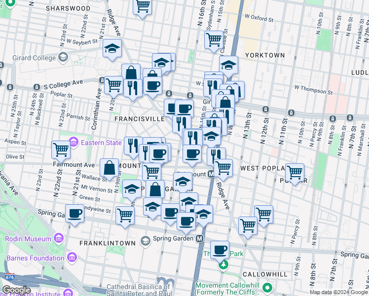 map of restaurants, bars, coffee shops, grocery stores, and more near 1530-32 Parrish Street in Philadelphia