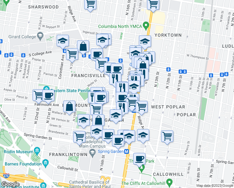 map of restaurants, bars, coffee shops, grocery stores, and more near 1517 Brown Street in Philadelphia