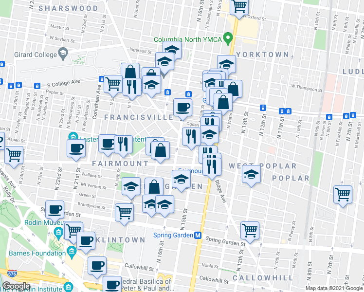 map of restaurants, bars, coffee shops, grocery stores, and more near 1530-32 Parrish Street in Philadelphia