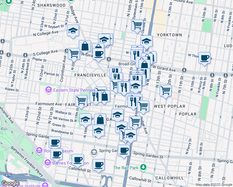 map of restaurants, bars, coffee shops, grocery stores, and more near 1530-32 Parrish Street in Philadelphia