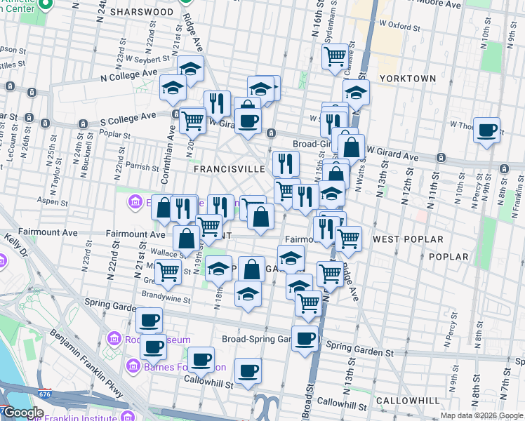 map of restaurants, bars, coffee shops, grocery stores, and more near 1700 Francis Street in Philadelphia